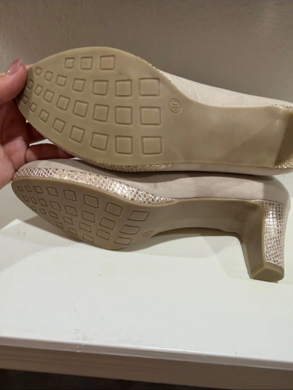 Taupe Low Block Heel Pumps with Textured Heel